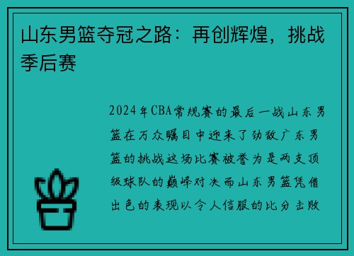 山东男篮夺冠之路:再创辉煌,挑战季后赛